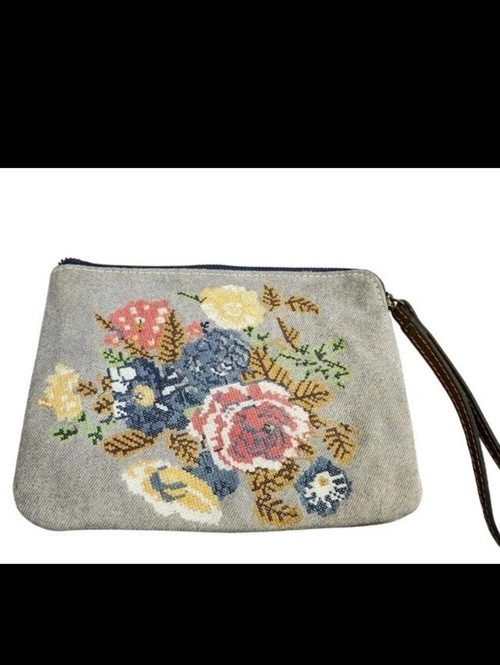 ​Patricia Nash Suede Wristlet Pouch Gray Distressed Leather Cross Stitch Floral